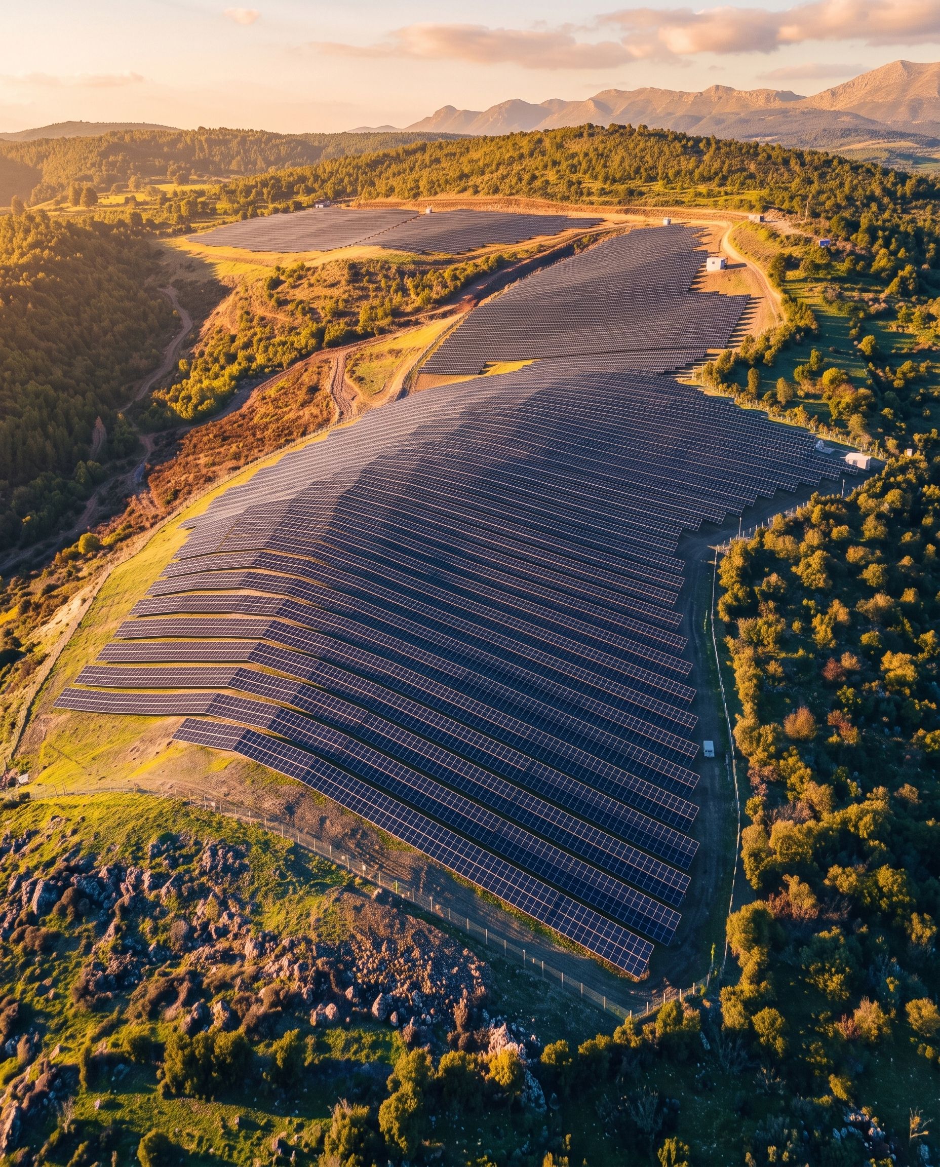 Solar panels set among green fields in warm evening light